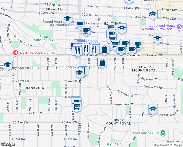 map of restaurants, bars, coffee shops, grocery stores, and more near in Calgary