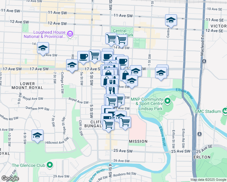map of restaurants, bars, coffee shops, grocery stores, and more near in Calgary