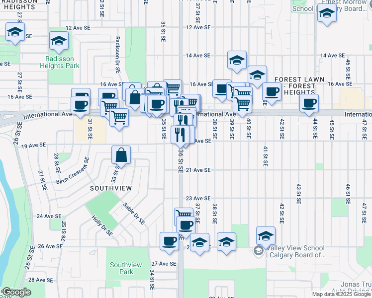 map of restaurants, bars, coffee shops, grocery stores, and more near 2007 37 Street Southeast in Calgary