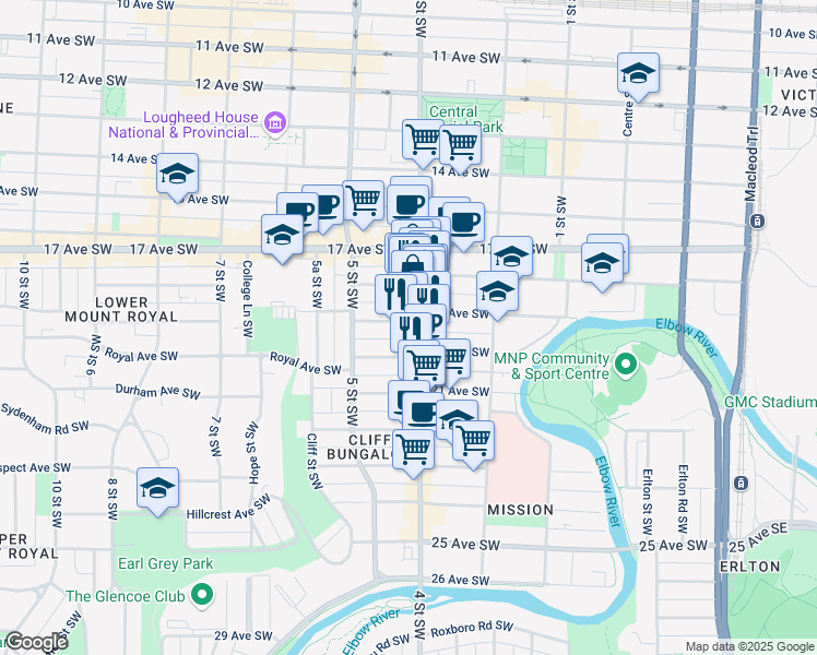 map of restaurants, bars, coffee shops, grocery stores, and more near 1820 4 Street Southwest in Calgary