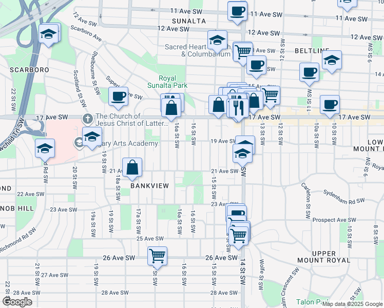 map of restaurants, bars, coffee shops, grocery stores, and more near in Calgary
