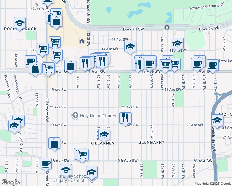 map of restaurants, bars, coffee shops, grocery stores, and more near 2007 30 Street Southwest in Calgary