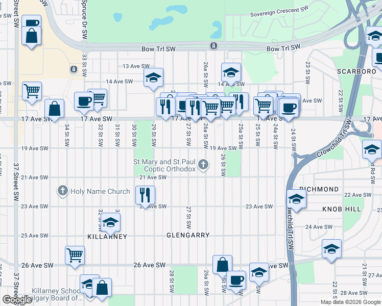 map of restaurants, bars, coffee shops, grocery stores, and more near 2004 27 Street Southwest in Calgary