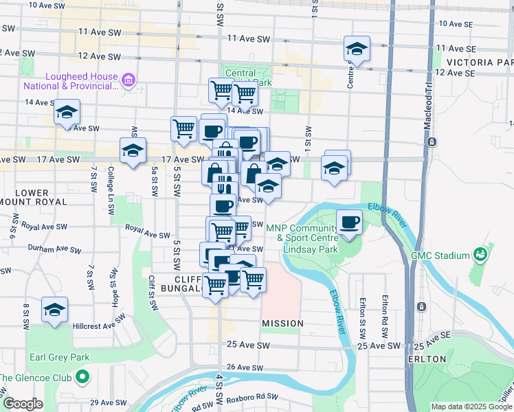 map of restaurants, bars, coffee shops, grocery stores, and more near 1916 2 Street Southwest in Calgary