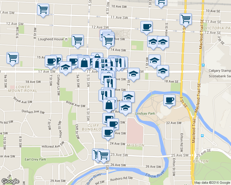 map of restaurants, bars, coffee shops, grocery stores, and more near in Calgary