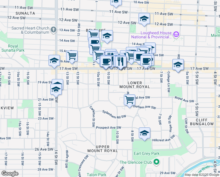 map of restaurants, bars, coffee shops, grocery stores, and more near in Calgary