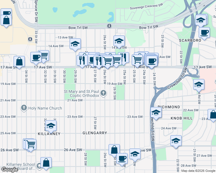 map of restaurants, bars, coffee shops, grocery stores, and more near 2005 26 Street Southwest in Calgary