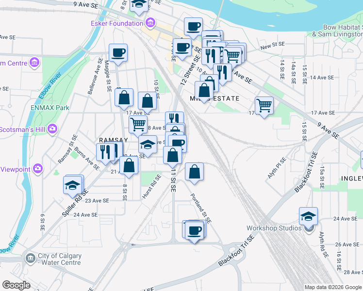map of restaurants, bars, coffee shops, grocery stores, and more near 1216 20 Avenue Southeast in Calgary