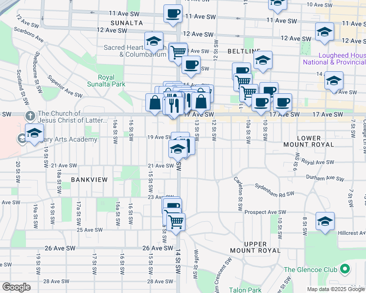 map of restaurants, bars, coffee shops, grocery stores, and more near in Calgary