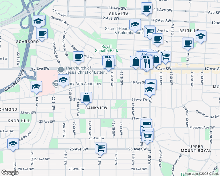 map of restaurants, bars, coffee shops, grocery stores, and more near 2113 16A Street Southwest in Calgary