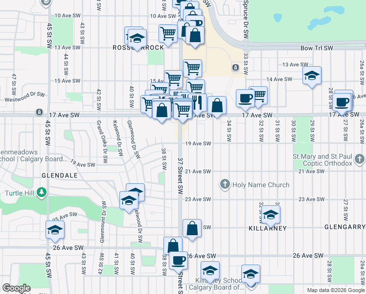 map of restaurants, bars, coffee shops, grocery stores, and more near 2004 37 Street Southwest in Calgary