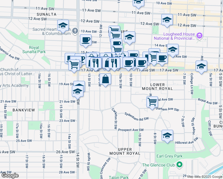 map of restaurants, bars, coffee shops, grocery stores, and more near 1908 11 Street Southwest in Calgary