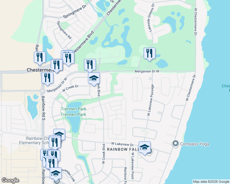 map of restaurants, bars, coffee shops, grocery stores, and more near 138 West Creek Springs in Chestermere