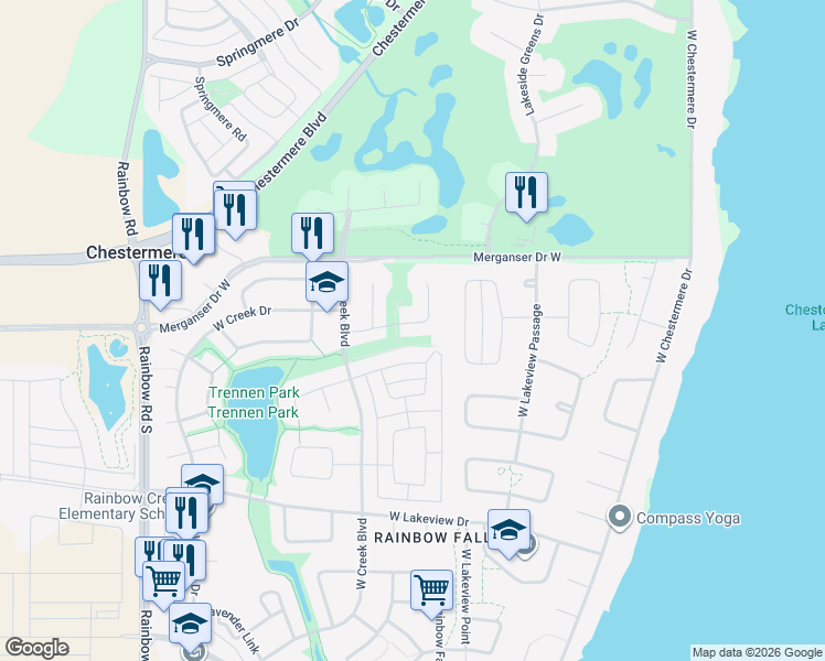 map of restaurants, bars, coffee shops, grocery stores, and more near 138 West Creek Springs in Chestermere