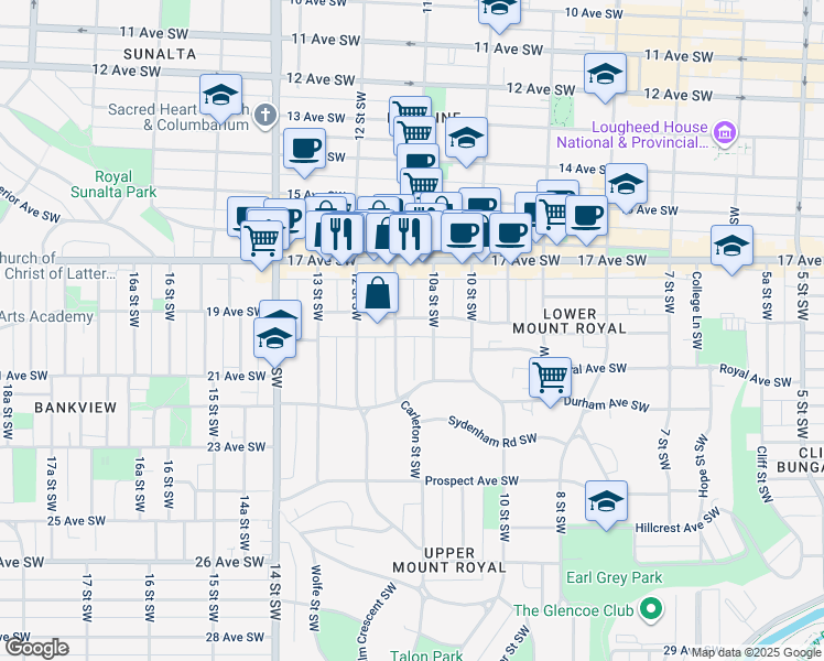 map of restaurants, bars, coffee shops, grocery stores, and more near 1908 11 Street Southwest in Calgary