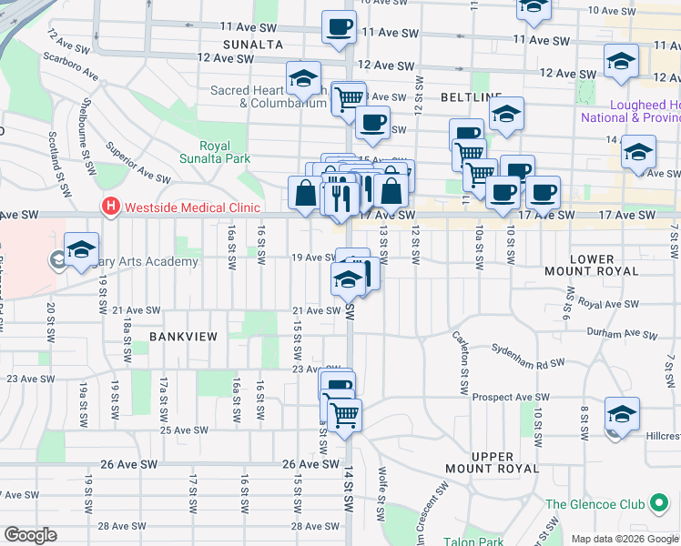 map of restaurants, bars, coffee shops, grocery stores, and more near in Calgary