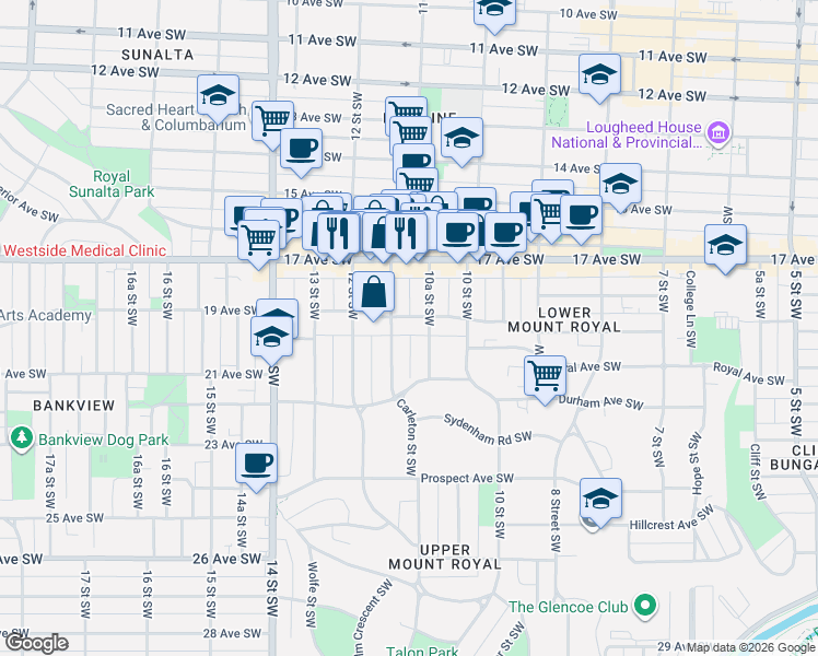 map of restaurants, bars, coffee shops, grocery stores, and more near 1908 11 Street Southwest in Calgary