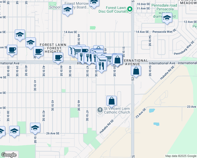 map of restaurants, bars, coffee shops, grocery stores, and more near 2008 48 Street Southeast in Calgary