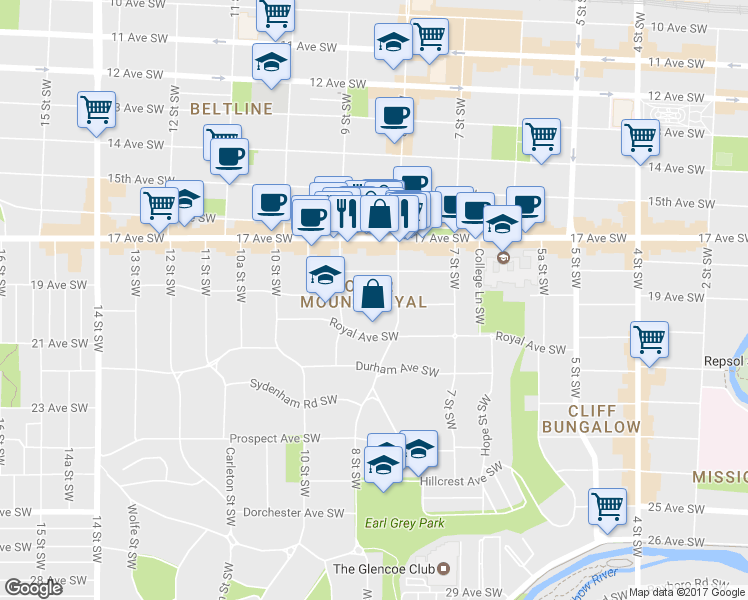 map of restaurants, bars, coffee shops, grocery stores, and more near 916 19 Avenue Southwest in Calgary