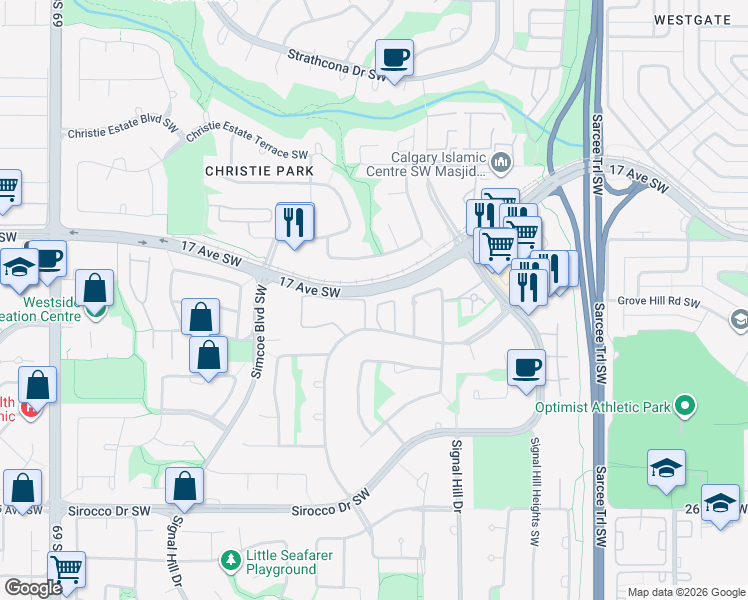 map of restaurants, bars, coffee shops, grocery stores, and more near 312 Signature Court Southwest in Calgary