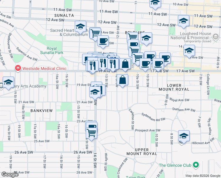 map of restaurants, bars, coffee shops, grocery stores, and more near in Calgary