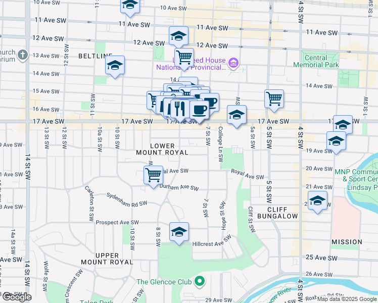 map of restaurants, bars, coffee shops, grocery stores, and more near in Calgary