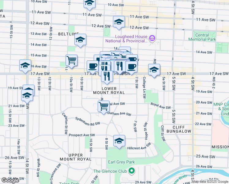 map of restaurants, bars, coffee shops, grocery stores, and more near in Calgary