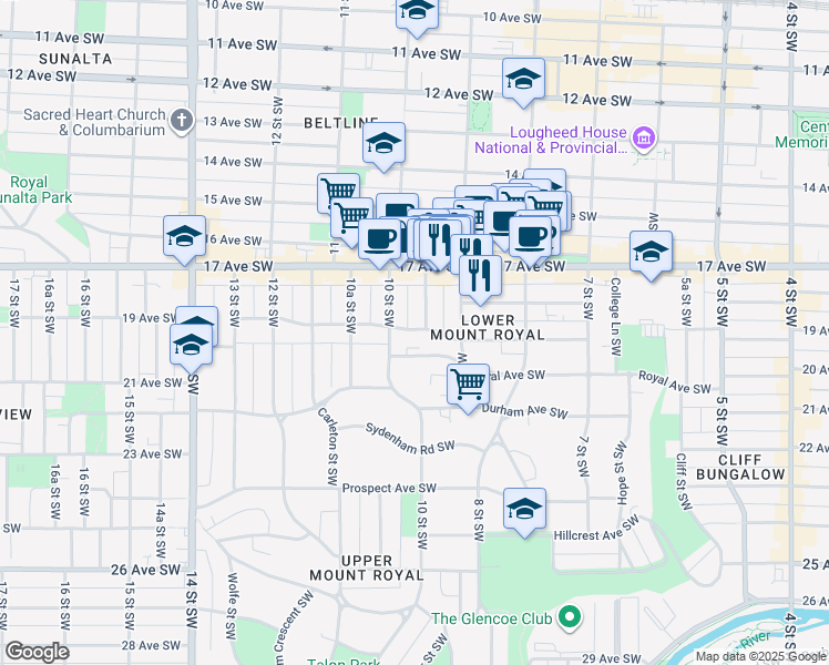 map of restaurants, bars, coffee shops, grocery stores, and more near 1027 Cameron Avenue Southwest in Calgary