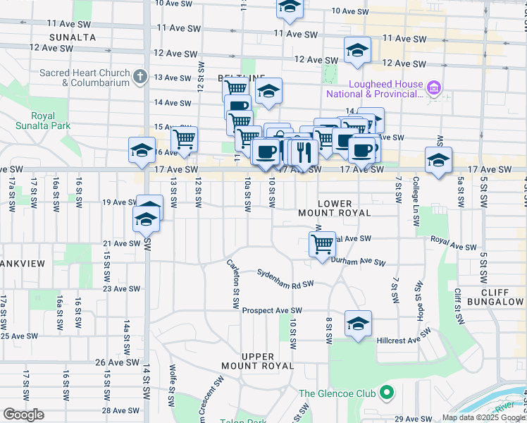 map of restaurants, bars, coffee shops, grocery stores, and more near 1129 Cameron Avenue Southwest in Calgary