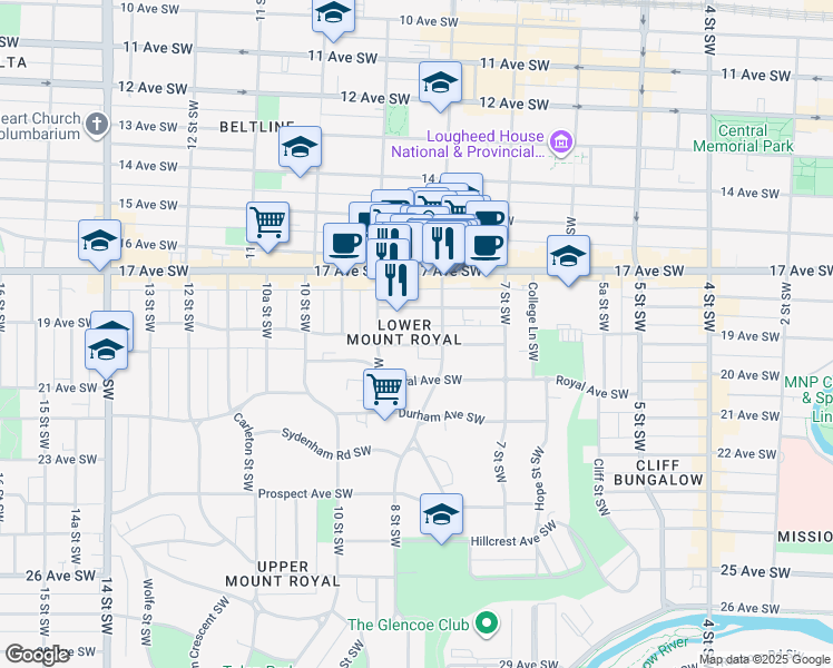 map of restaurants, bars, coffee shops, grocery stores, and more near 916 19 Avenue Southwest in Calgary