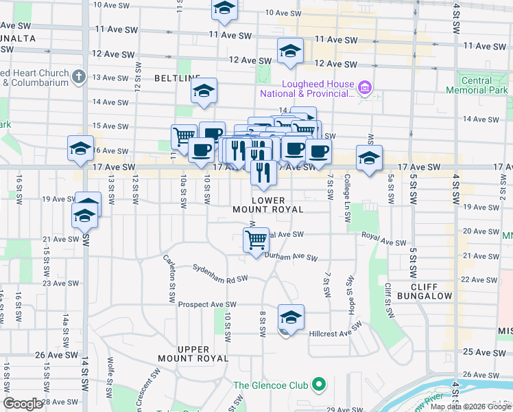 map of restaurants, bars, coffee shops, grocery stores, and more near in Calgary