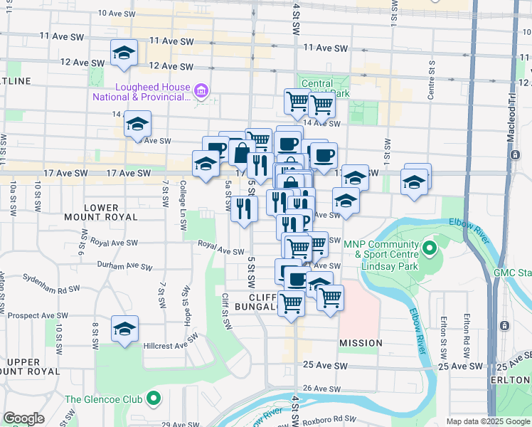 map of restaurants, bars, coffee shops, grocery stores, and more near in Calgary