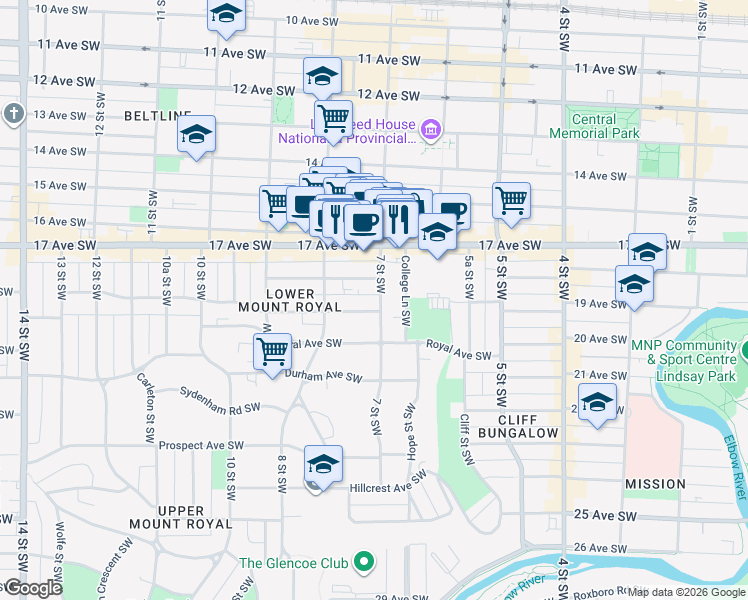 map of restaurants, bars, coffee shops, grocery stores, and more near in Calgary