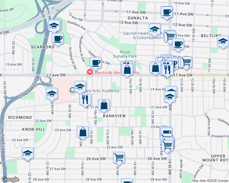 map of restaurants, bars, coffee shops, grocery stores, and more near in Calgary