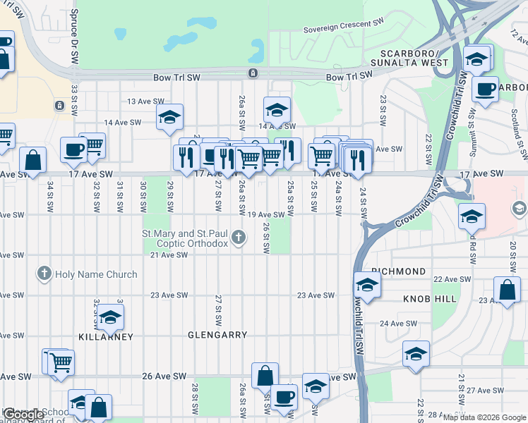 map of restaurants, bars, coffee shops, grocery stores, and more near 2005 26 Street Southwest in Calgary