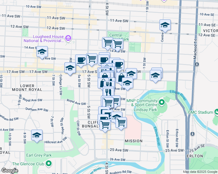 map of restaurants, bars, coffee shops, grocery stores, and more near 1820 4 Street Southwest in Calgary