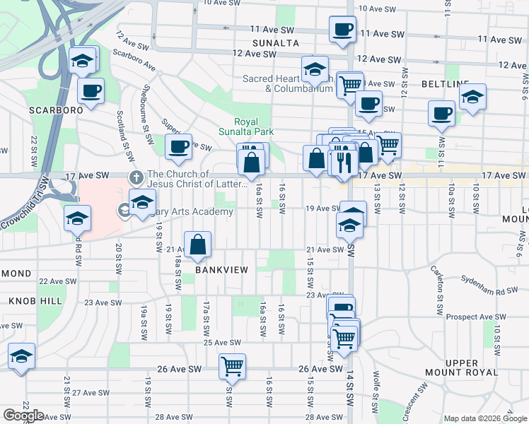 map of restaurants, bars, coffee shops, grocery stores, and more near 2113 16A Street Southwest in Calgary