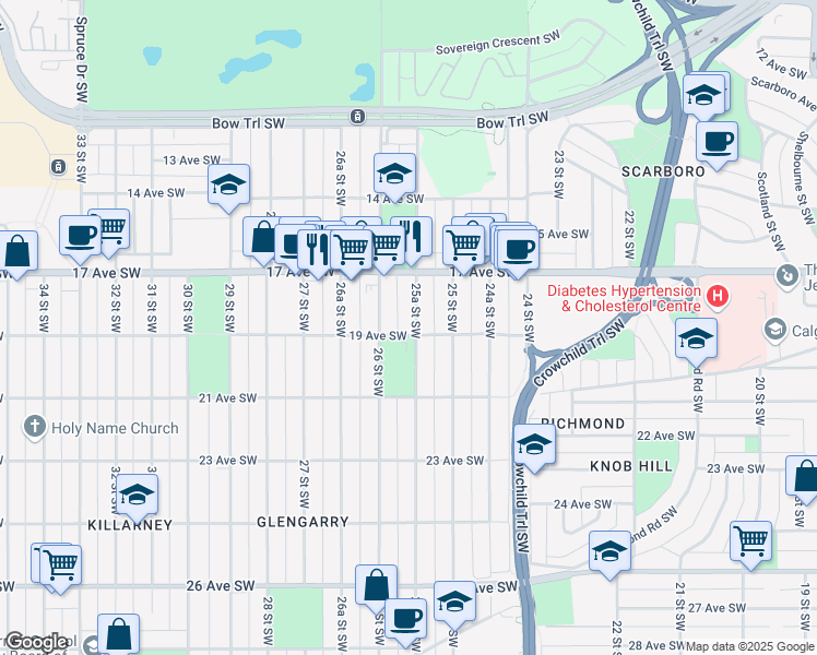 map of restaurants, bars, coffee shops, grocery stores, and more near 1939 25A Street Southwest in Calgary