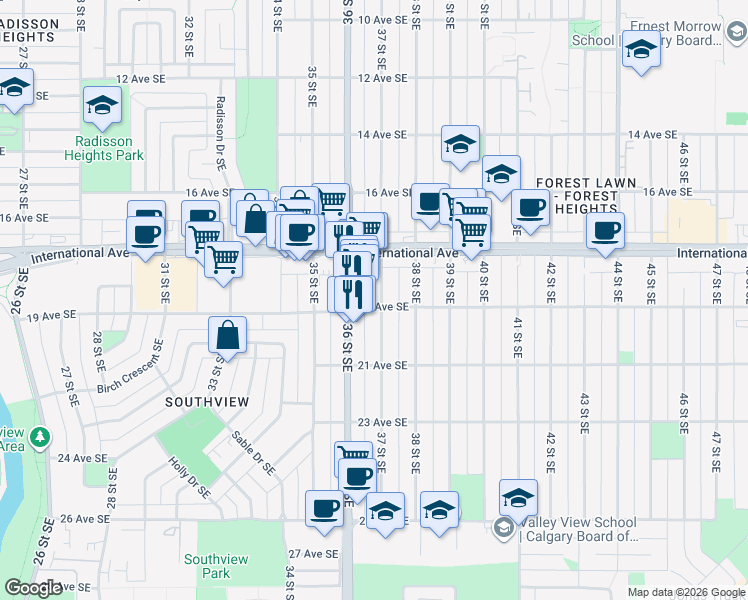 map of restaurants, bars, coffee shops, grocery stores, and more near 3720 19 Avenue Southeast in Calgary