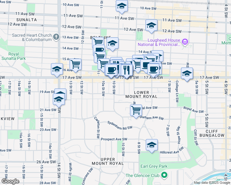 map of restaurants, bars, coffee shops, grocery stores, and more near in Calgary