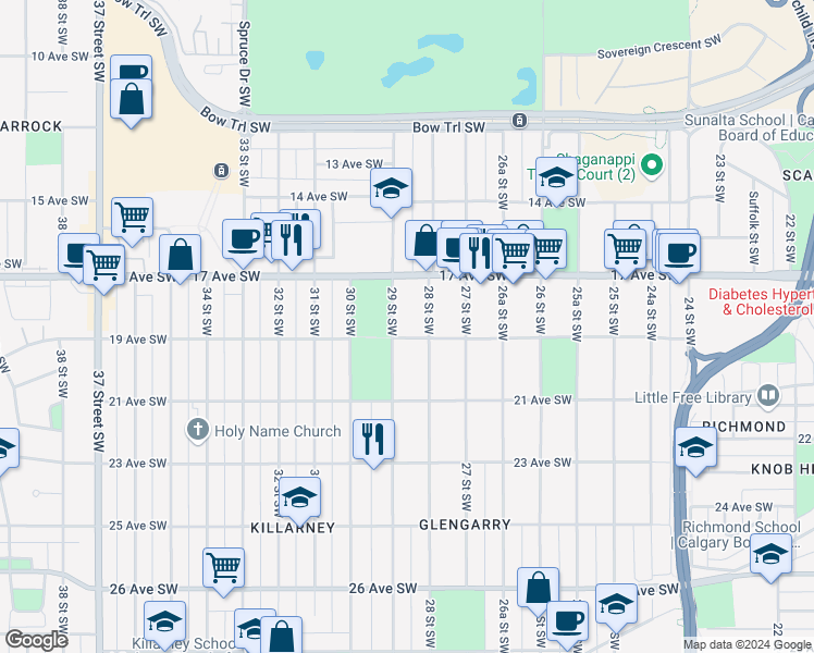 map of restaurants, bars, coffee shops, grocery stores, and more near 1940 29 Street Southwest in Calgary