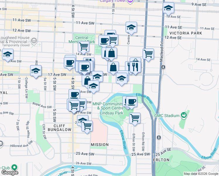 map of restaurants, bars, coffee shops, grocery stores, and more near 219 18 Avenue Southwest in Calgary