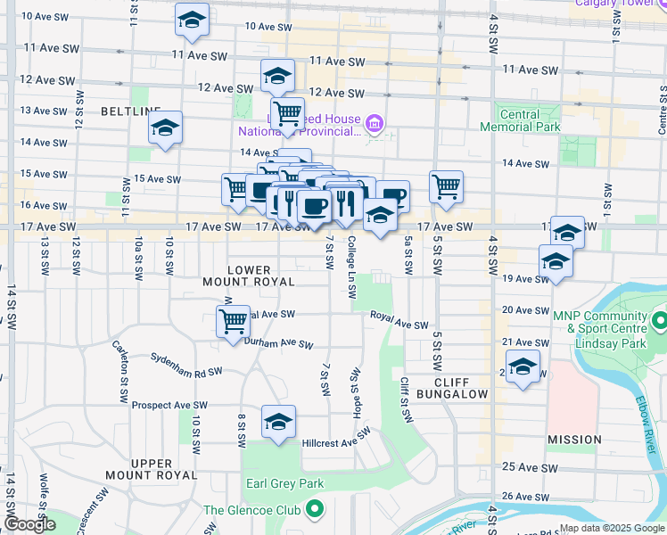 map of restaurants, bars, coffee shops, grocery stores, and more near in Calgary