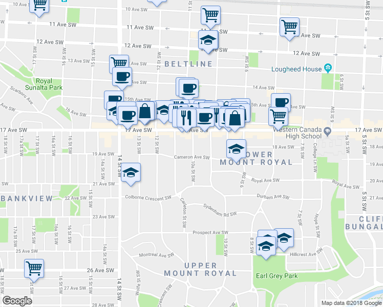map of restaurants, bars, coffee shops, grocery stores, and more near in Calgary