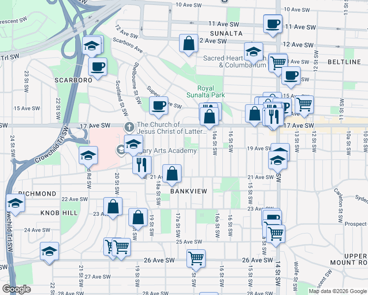 map of restaurants, bars, coffee shops, grocery stores, and more near 2014 17A Street Southwest in Calgary