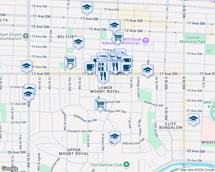 map of restaurants, bars, coffee shops, grocery stores, and more near in Calgary