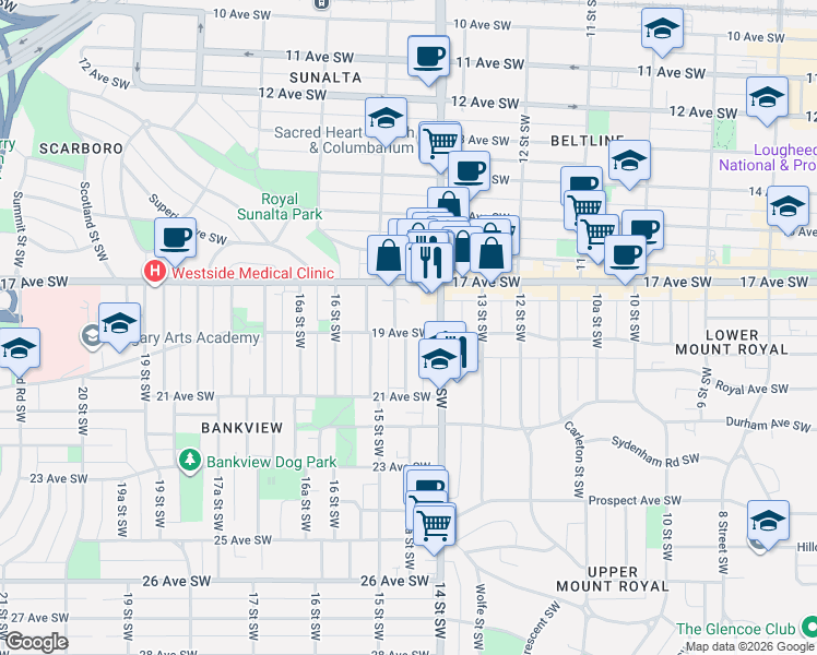map of restaurants, bars, coffee shops, grocery stores, and more near in Calgary