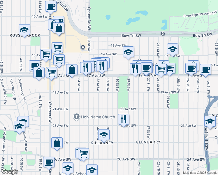 map of restaurants, bars, coffee shops, grocery stores, and more near 2007 30 Street Southwest in Calgary