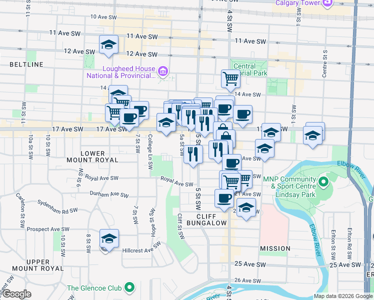 map of restaurants, bars, coffee shops, grocery stores, and more near 1902 5A Street Southwest in Calgary
