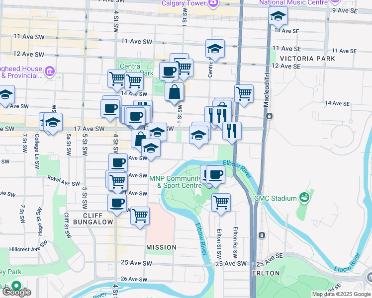 map of restaurants, bars, coffee shops, grocery stores, and more near 141 18 Avenue Southwest in Calgary